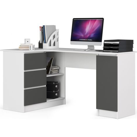 Akord – Bureau d'angle gauche 155 cm – 1 porte, 3 tiroirs, 4 étagères – Panneau stratifié blanc et gris – Dimensions 155x85x77 cm