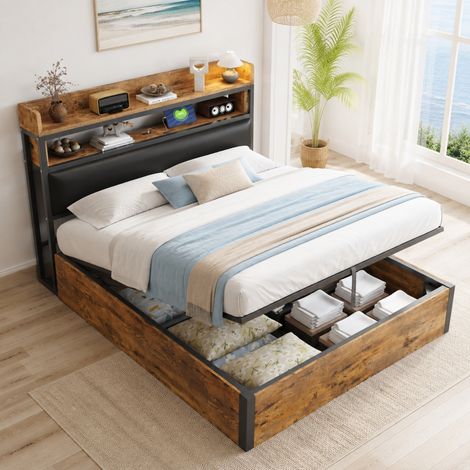 Doppelbett 140x200 cm, mit hydraulischem Stauraum, gepolstertem Kopfteil, USB, Metall und Holz, Schwarz (1/5)