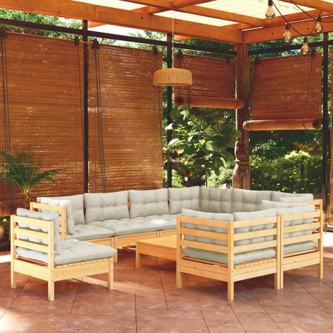 Salon de jardin 10 pcs,Mobilier de terrasse,Table et Chaise pour Relax avec coussins crème Bois de pin solide -YZ780520 (1/5)