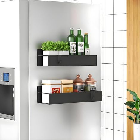 Étagère Magnétique Frigo, Lot de 2 Etagere Aimantée Frigo avec 4 Crochets, Porte Épices Magnetique Support Range Épices Aimanté Métal pour Rangement et Organisation de la Cuisine, Noir (1/5)
