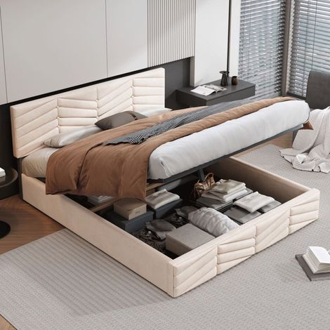 Letto contenitore 140x190 - POCKETPOP - Velluto beige - Testata regolabile - 2 posti