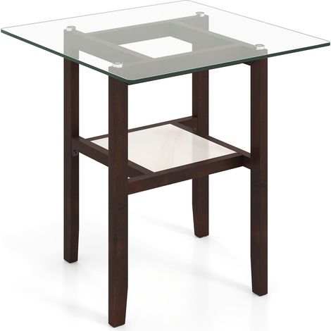 COSTWAY 61CM Square Glass Side Table 2-Tier End Table w/Storage Shelf-Brown (1/5)