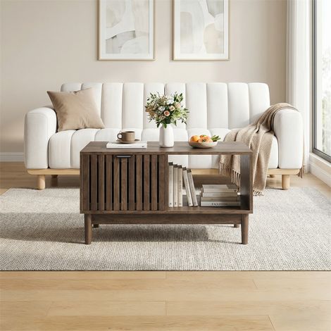 Table Basse Style Mid-Century - 80x50x45cm - Design Rainuré avec Tiroir et Rangement Ouvert - Finition Noyer et Noir (1/5)