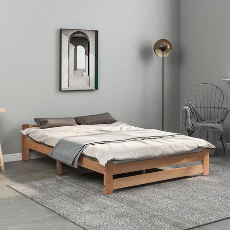 Lit simple en bois massif, 140 x 200 cm, lit de style tatami avec tête de lit et sommier à lattes, lit en pin, finition naturelle (1/5)
