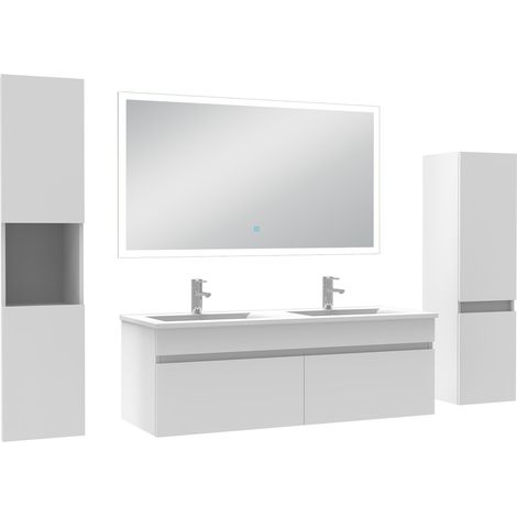 Ocean Ensemble meuble Salle de Bain 120cm double vasque avec colonne + miroir lumineux dimmable blanc (1/5)