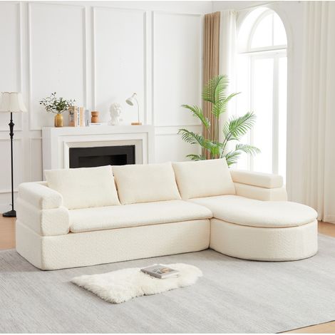 Canapé d'angle en forme de L 3 places avec méridienne, tissu chenille, accoudoirs à étages, pour salon et appartement, beige (1/5)