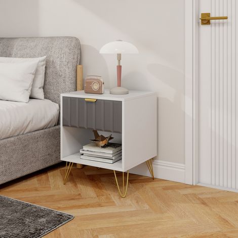 Comodino, tavolino con vano a giorno, cassetto e maniglia, gambe in acciaio, 45 x 40 x 55 cm, bianco