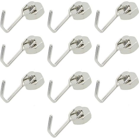 Crochets magnétiques robustes en néodyme, lot de 10, argentés, pour réfrigérateur, cuisine, barbecue et grille-pain. (1/4)