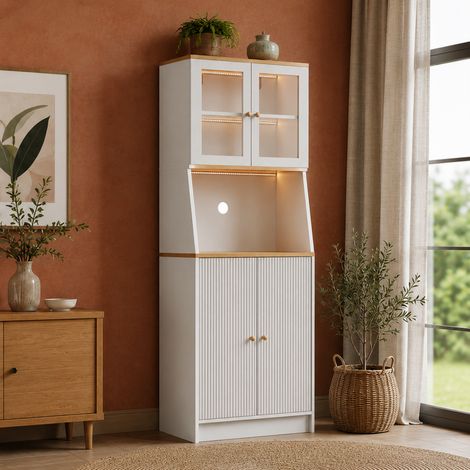 Armoire de cuisine blanc 70x40x180cm-Buffet Cuisine–Vaisselier avec vitrines acryliques–4 portes à fermeture douce–Étagères réglables en MDF-LED (1/5)