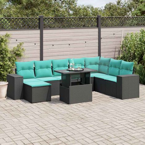 9-teiliges Gartensofa-Set mit Kissen, schwarzes Polyrattan (1/5)