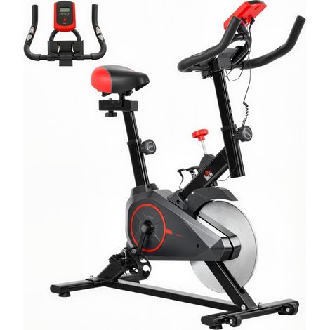Vélo d'appartement avec écran LCD et pulsomètre, siège et résistance réglables, parfait pour le cardio à domicile.