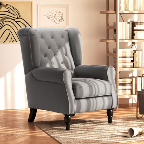 Fauteuil relax oreille avec capitonnage, dossier haut, revêtement tissu gris foncé, pieds en bois, idéal pour salon et chambre, confortable et stable - CHICFURN (1/5)