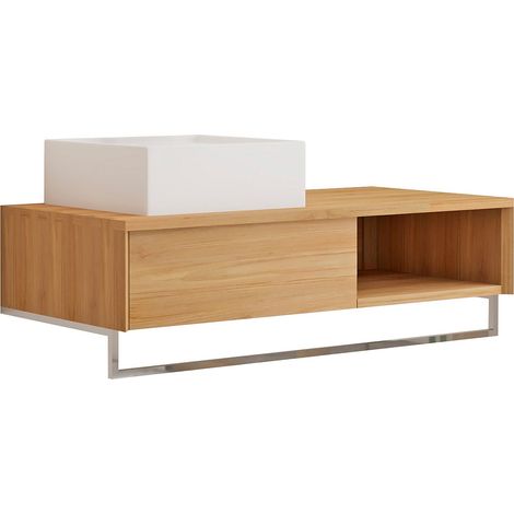 Mobile bagno sospeso in teak con portasciugamani e lavabo da appoggio quadrato in ceramica 105 cm - KUPANG
