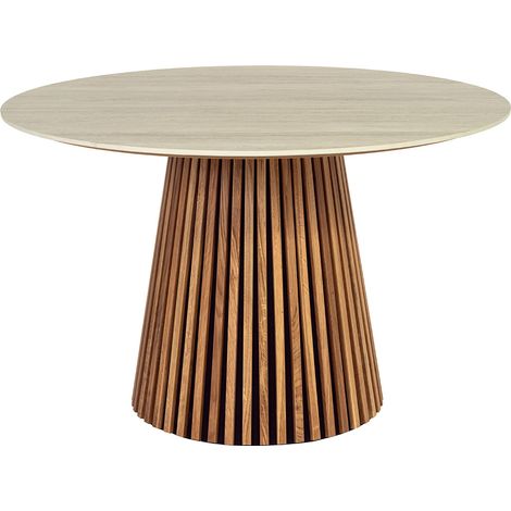 Freya - table à manger ronde effet bois - plateau effet travertin - 6 personnes