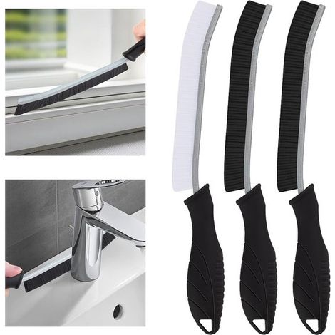 Brosse de nettoyage à poils rigides, brosse à joints de carrelage, brosse de toilette, brosse de baignoire, brosse de lavabo, brosse à vitres (2 noires, 1 blanche) (1/5)