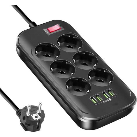 Multipresa con 6 prese e 4 USB 3,4A massimo, multipresa con interruttore, cavo 2m, limitatore di sovratensione e limitatore di sovratensione per smartphone tablet, casa e ufficio 2500W / 10A (1/5)