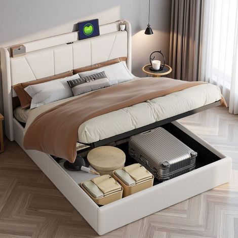 Letto 160x200 - 231205TT - Cassettone idraulico - Rete a doghe - Lino beige (1/5)