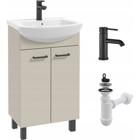 Waschtischunterschrank mit Waschbecken – Beige – 45 cm – Armatur in Mattschwarz – Freistehender Badezimmerschrank