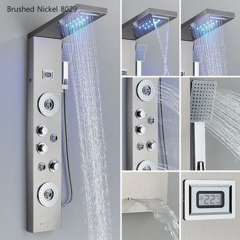 (8029 nickel brossé) Panneau de douche, pommeau de douche effet pluie, affichage de la température, robinet mitigeur, colonne (1/4)
