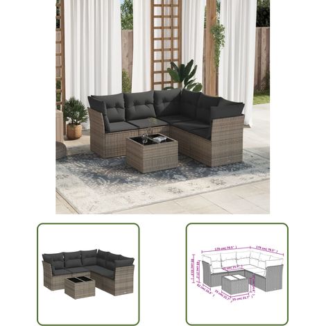 The Living Store Salon de jardin 6 pcs avec coussins gris résine tressée - Ensemble Salon De Jardin - Mobilier De Jardin - Résine Tressée - Rotin Synthétique - Meuble D'extérieur (1/3)