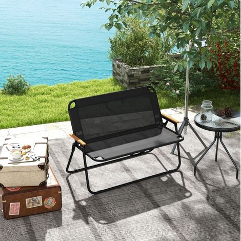 Chaise de camping d'extérieur 2 places en maille noire, accoudoirs aspect bois, pliante, 108 x 65 x 73 cm (1/5)