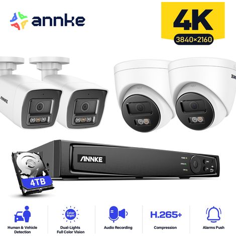 ANNKE 4PCS 12MP Sistema di telecamere di sorveglianza interni esterni, rilevamento di persone/veicoli, accesso remoto per visione notturna a colori, 2 Bullet + 2 Torri Telecamere 4TB (1/5)
