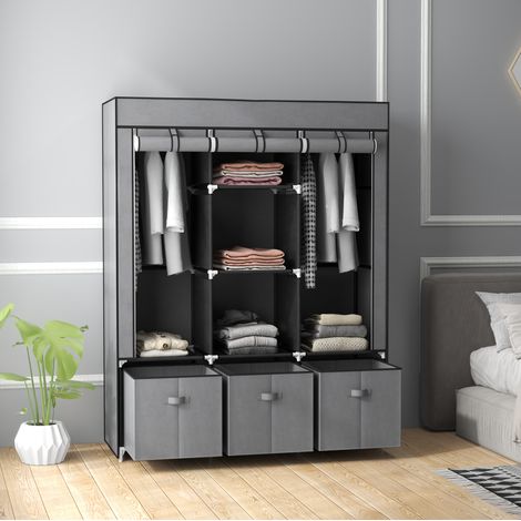 Armoire penderie pliable 125x43x162.5 cm gris foncé en acier avec housse zippée, étagères et tiroirs en tissu (1/5)