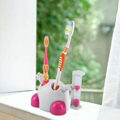 Zahnbürstenhalter für Kinder mit 3-Minuten-Timer zum Zähneputzen, rosa, mit lustigem Timer (1/5)