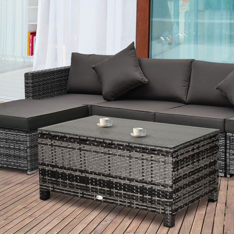 Outsunny Garten-Couchtisch mit 5 mm starker Tischplatte aus gehärtetem Glas und Rattan-Geflecht, 85 x 50 x 39 cm, max. 70 kg, Grau