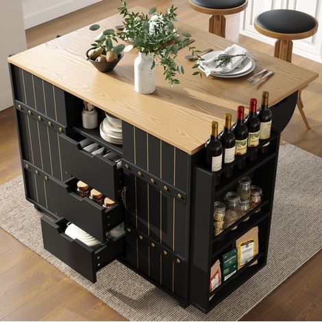 Kücheninsel 110x42x90 cm schwarz aus MDF mit klappbarer Tischplatte, Schiebetüren und Rollen (1/5)
