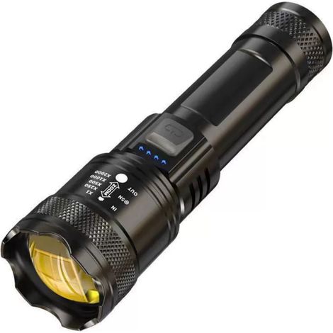 Lampe torche LED rechargeable – Lampe torche de poche ultra-lumineuse avec 3 modes d'éclairage, zoom télescopique réglable, chargement USB et indicateur de batterie – Lampe torche LED légère (1/5)