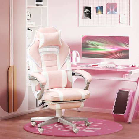 Silla gaming giratoria con reposapiés, respaldo reclinable hasta 150°, cuero regenerado rosa (1/5)