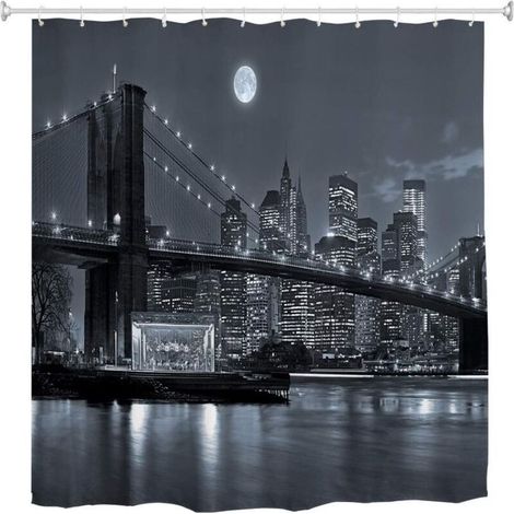 Rideau de douche imperméable et résistant aux moisissures (180 x 200 cm) orné de motifs représentant New York, le pont de Brooklyn et la skyline de Manhattan, en polyester noir et blanc. - Crezuo (1/3)