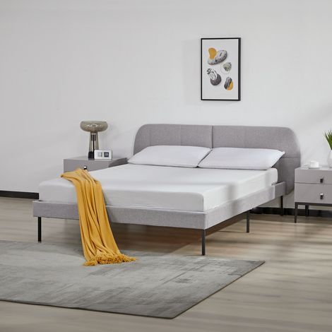 Cama tapizada Porvoo con cabecero somier textil 140x200cm - Gris [en.casa] (1/5)