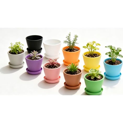 Set mit 10 farbenfrohen Kunststoff-Blumentöpfen mit Untersetzern und Abflusslöchern, 10,2 cm, für den Innen- und Außenbereich (1/5)