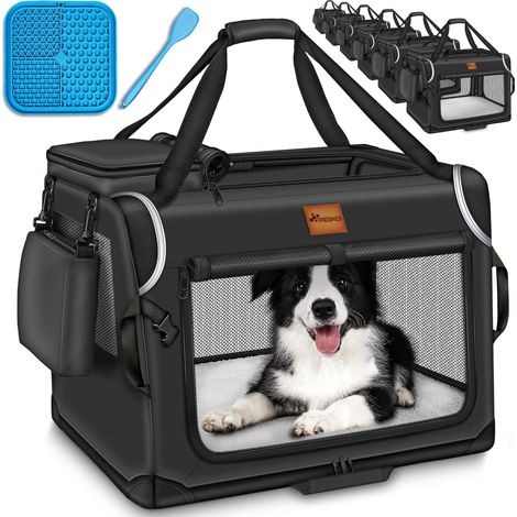 TRESKO Transportín plegable para perros, negro (XL 83 x 58 x 58 cm), incluye alfombrilla para lamer, espátula y reflectores  Transportín para perros y gatos  Transportín para perros pequeños y grandes