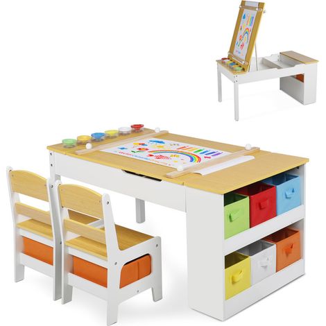 GRAVFORCE Table enfant 2 chaises plateau réglable en hauteur à peindre et créer pour enfants 3 ans et plus avec rangement 8 compartiments tissu pour pots de peinture version Naturel