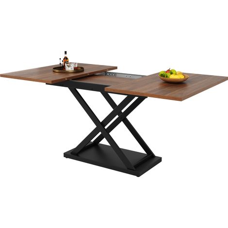 Mesa de comedor extensible 120-160x80 cm, MDF y metal, color nogal y negro (1/5)