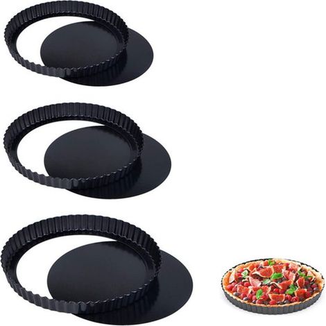Moule à pâtisserie 3 pièces - moule à quiche - moule à pizza - moule à gâteau - moule à tarte salée avec fond amovible - 22/26/32 cm - Noir - Acier au carbone/Téflon noir (1/5)