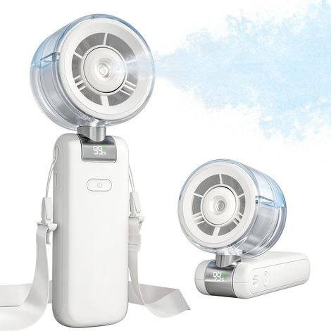 Ventilateur brumisateur portable 4000mAh pliable avec 5 vitesses et fonction spray d’eau, idéal pour plage et déplacements, blanc (1/5)