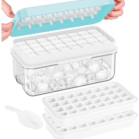 Vassoi per cubetti di ghiaccio con coperchio, stampo per cubetti di ghiaccio a 64 griglie - Vassoi per cubetti di ghiaccio quadrati senza BPA, facili da rimuovere (blu, 2 livelli), blu