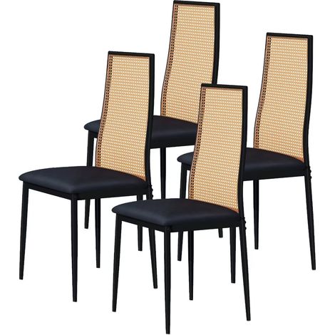 4er-Set Esszimmerstühle, mit hoher geflochtener Rattan-Rückenlehne, ergonomisches Design, gepolsterter Sitz, verstellbare Füße, für Esszimmer und Wohnzimmer, Schwarz