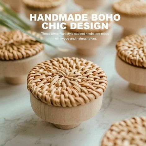 Confezione di 12 maniglie boho in rattan, artigianali, con viti, per mobili, cassetti e armadi. (1/3)