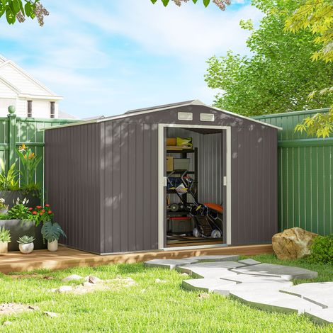 Caseta de jardín de 4,9 m² con cimientos, 4 rejillas de ventilación y 2 puertas correderas, cobertizo para herramientas de chapa de acero, 277x195x192 cm, gris.