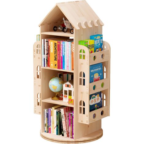 Libreria rotativa a 4 ripiani, Creative Castle - Libreria rotante a 360 gradi, libreria multifunzionale per la casa, legno massiccio libreria per bambini, libreria da pavimento (1/5)