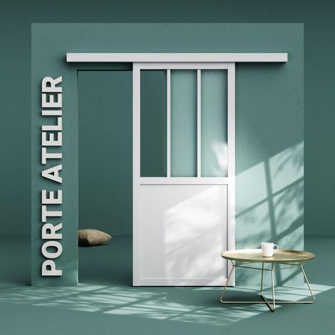 Porte Coulissante avec Rail - Atelier Blanche 83 cm - Sans poignée (1/4)