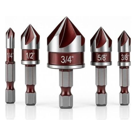 5Pcs Foret à Métal Fraiser, 5 Flûte Fraise à Chanfreiner HSS Foret Conique Fraise à Noyer Forets Fraise à Ébavurer, 6/10/13/16/19mm Outil de Vis pour DIY Bois Métal PVC (1/4)