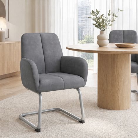 Chaise de salle à manger 2 pièces en cuir gris avec accoudoirs, structure en acier DESVIAE (1/5)