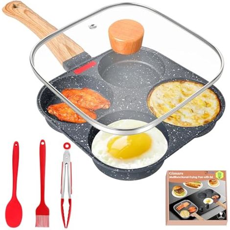 Poêle à crêpes 6 en 1 en aluminium, 4 trous, antiadhésive, sans PFOA, avec couvercle, spatule, brosse, pince et poignée amovible. Idéale pour les petits-déjeuners, les crêpes et les tortillas sur plaq (1/5)