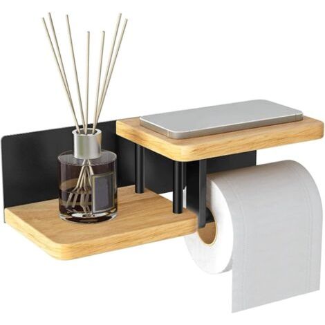 Derouleur Papier Murale en Bois, Porte Papier Toilette, Porte Papier Toilette en Bois, Sans Perçage, pour Salle Bain Cuisine, Installation de par Perçage (1/5)